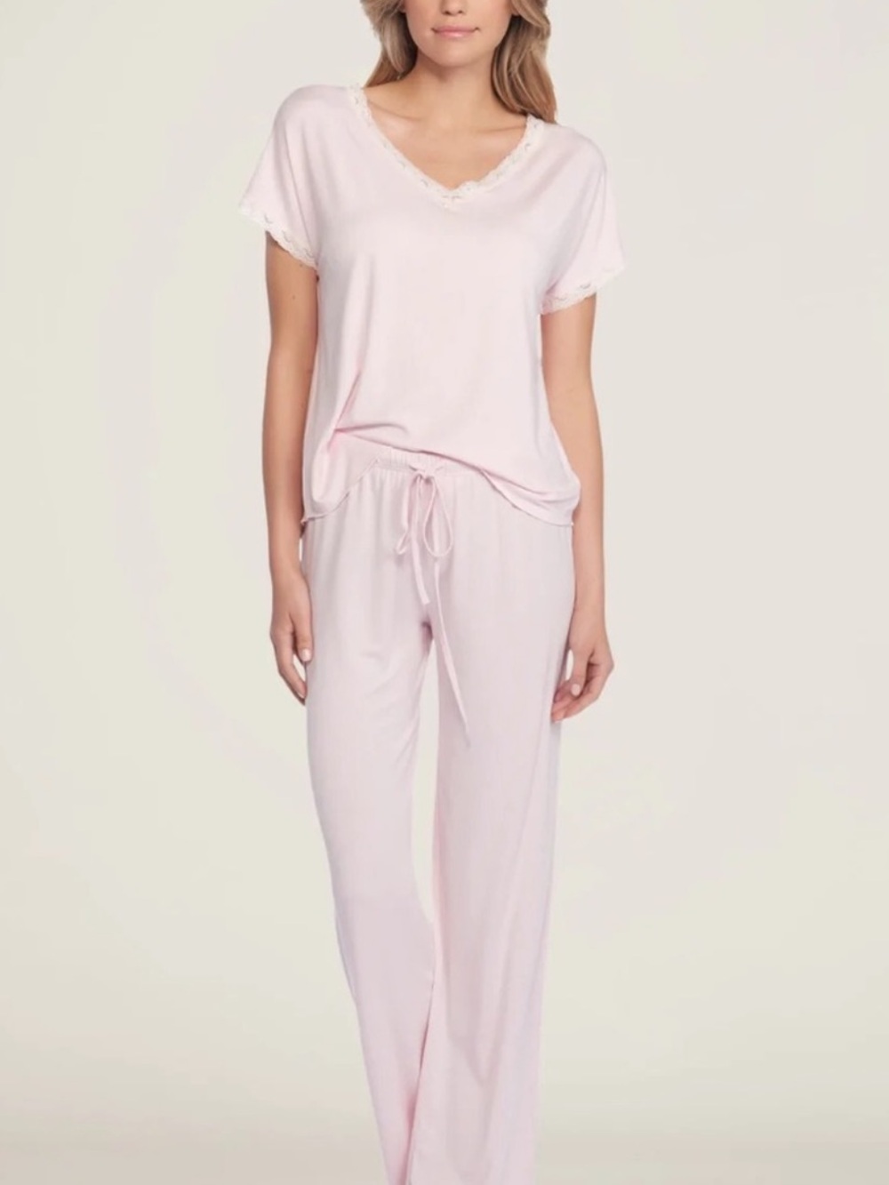 Soft Lace-Trim V-Neck Sleep Top - Light Pink